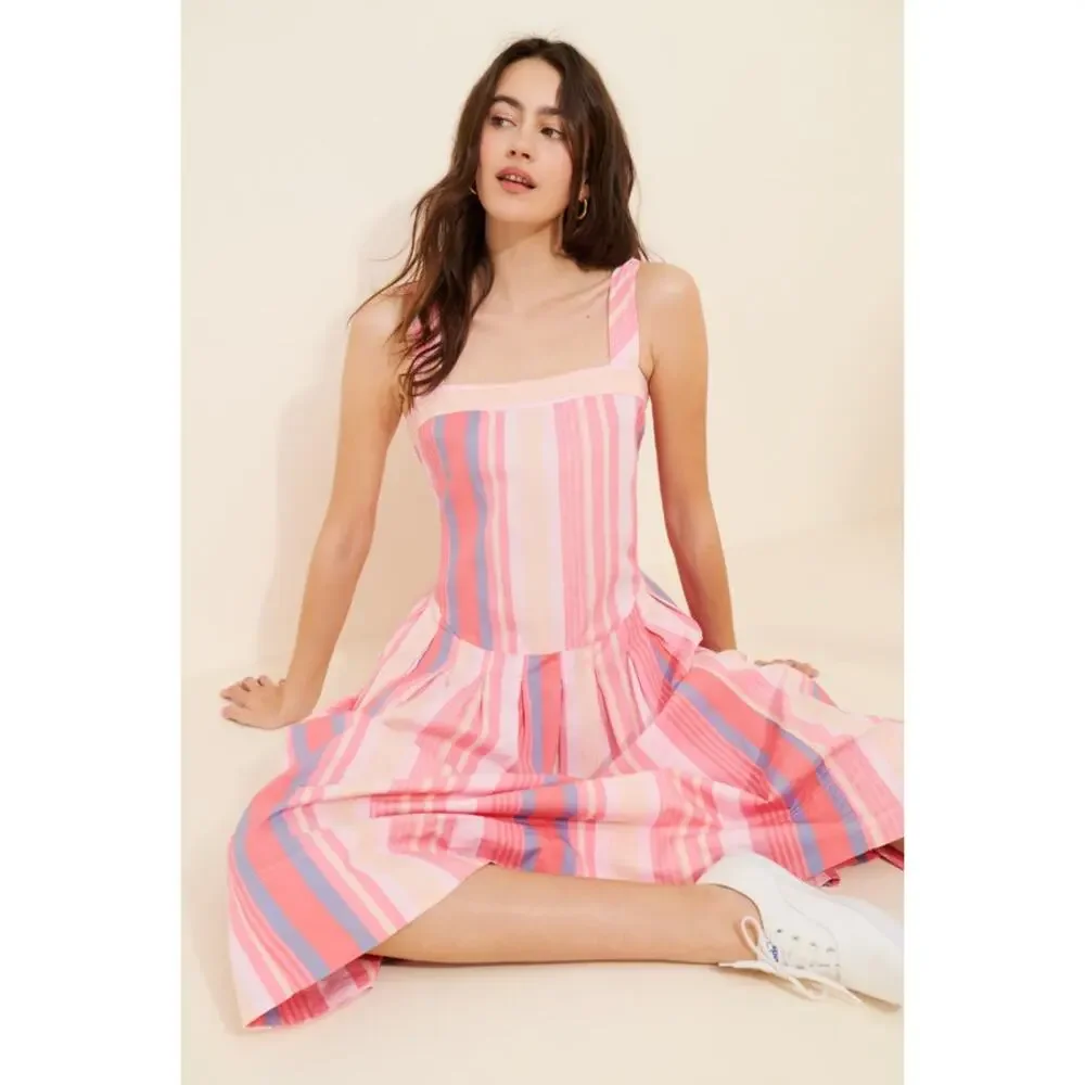 NWT Free People primavera striped drop waist sun dress in pink sz M Reversible